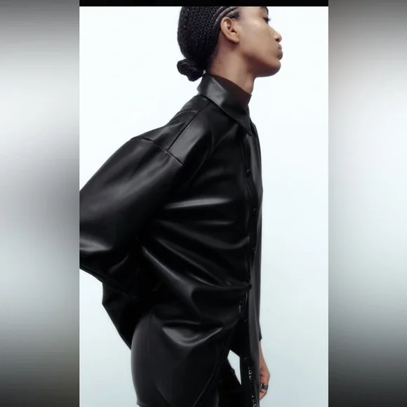 Women Zara Faux Leather Overshirt With Lace Inserts Size XS - Picture 4 of 16